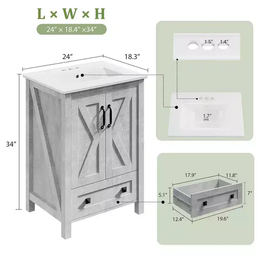 Meuble-lavabo de salle de bain moderne 24/30 avec évier en céramique - Meuble autoportant avec 2 portes et 1 tiroir de rangement pour petite salle de bain