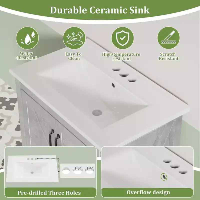 Meuble-lavabo de salle de bain moderne 24/30 avec évier en céramique - Meuble autoportant avec 2 portes et 1 tiroir de rangement pour petite salle de bain