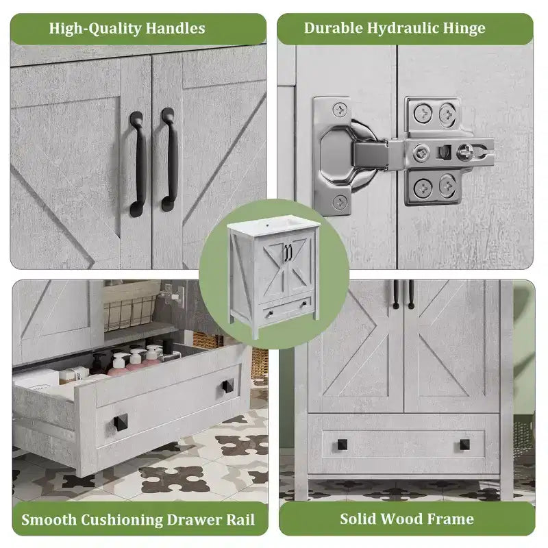 Meuble-lavabo de salle de bain moderne 24/30 avec évier en céramique - Meuble autoportant avec 2 portes et 1 tiroir de rangement pour petite salle de bain