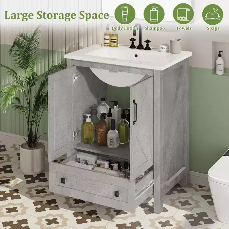 Meuble-lavabo de salle de bain moderne 24/30 avec évier en céramique - Meuble autoportant avec 2 portes et 1 tiroir de rangement pour petite salle de bain
