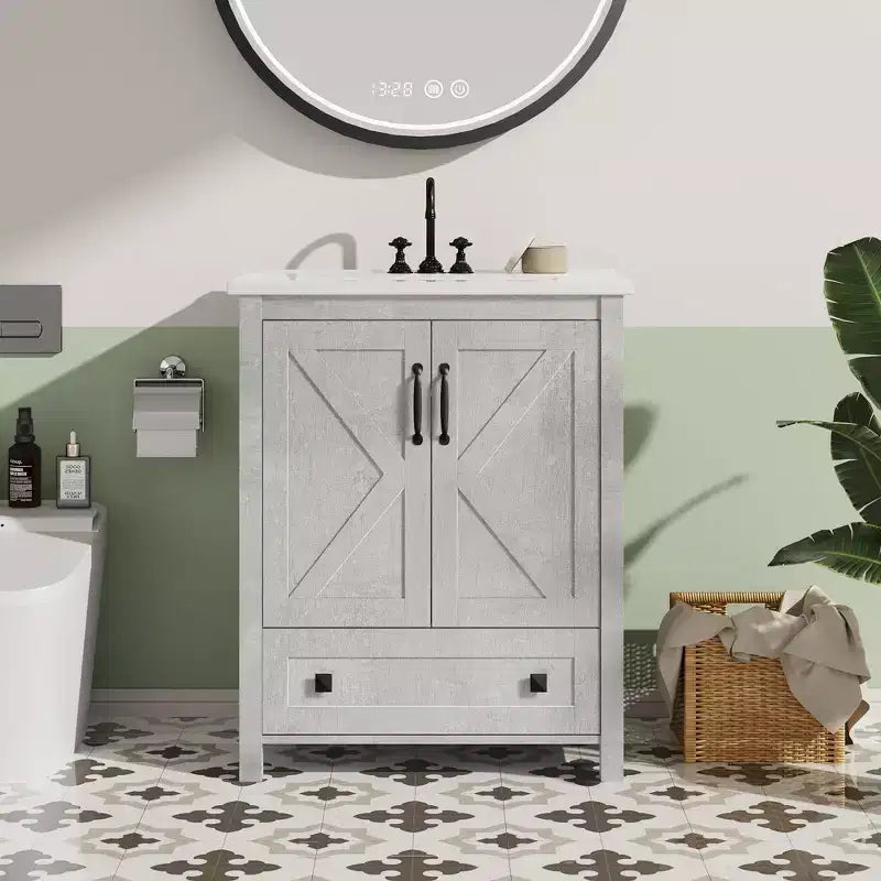 Meuble-lavabo de salle de bain moderne 24/30 avec évier en céramique - Meuble autoportant avec 2 portes et 1 tiroir de rangement pour petite salle de bain