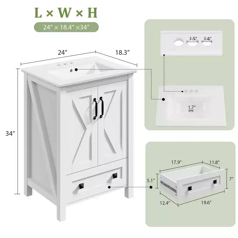 Meuble-lavabo de salle de bain moderne 24/30 avec évier en céramique - Meuble autoportant avec 2 portes et 1 tiroir de rangement pour petite salle de bain