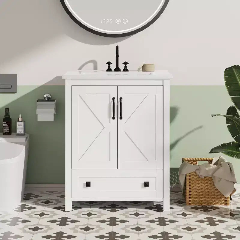 Meuble-lavabo de salle de bain moderne 24/30 avec évier en céramique - Meuble autoportant avec 2 portes et 1 tiroir de rangement pour petite salle de bain