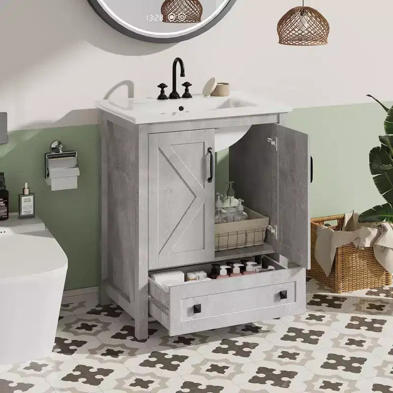24/30 Modern Bathroom Vanity with Ceramic Sink - Freestanding Cabinet with 2 Doors & 1 Storage Drawer for Small Bathroom Storage
