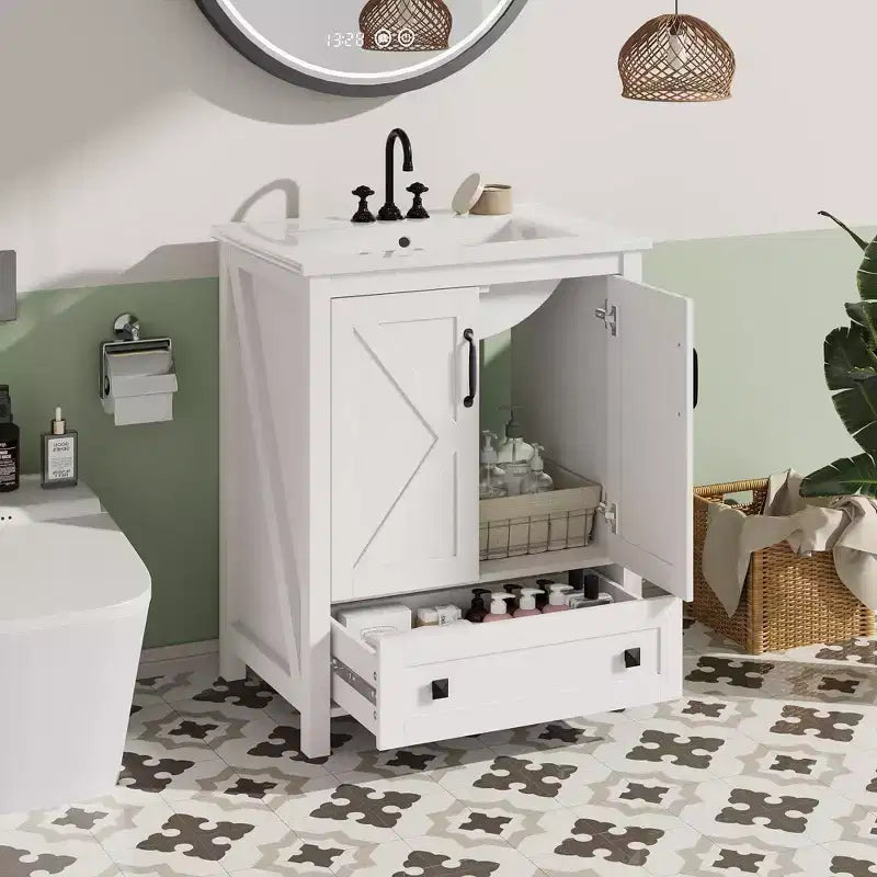 Meuble-lavabo de salle de bain moderne 24/30 avec évier en céramique - Meuble autoportant avec 2 portes et 1 tiroir de rangement pour petite salle de bain