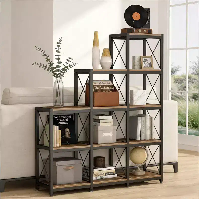 NAYSAYE Corner Ladder Bookshelf 9 Cube L Shaped Etagere Metal Wood Display Shelf for Living Room Office, Black, 45.31*11.82*52.01