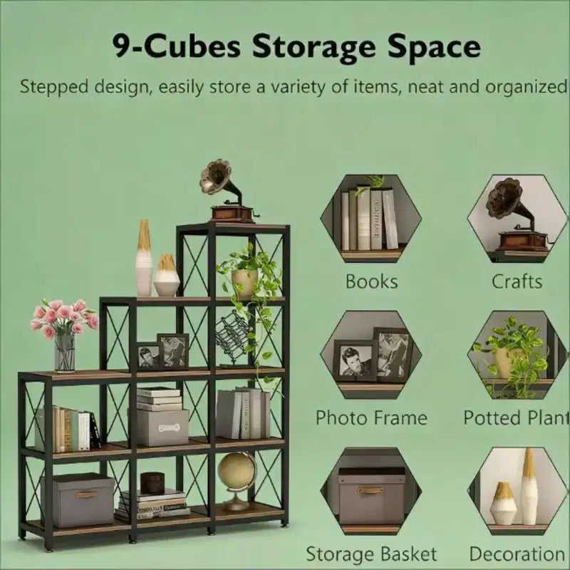 Étagère d'angle en forme d'échelle avec 9 cubes en L, étagère de présentation en métal et bois pour salon, bureau, noir, 45,31*11,82*52,01