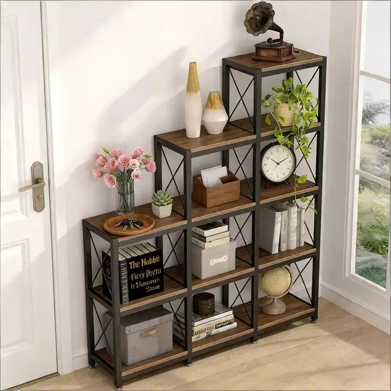 Étagère d'angle en forme d'échelle avec 9 cubes en L, étagère de présentation en métal et bois pour salon, bureau, noir, 45,31*11,82*52,01