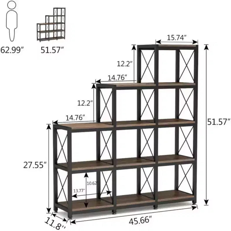 Étagère d'angle en forme d'échelle avec 9 cubes en L, étagère de présentation en métal et bois pour salon, bureau, noir, 45,31*11,82*52,01
