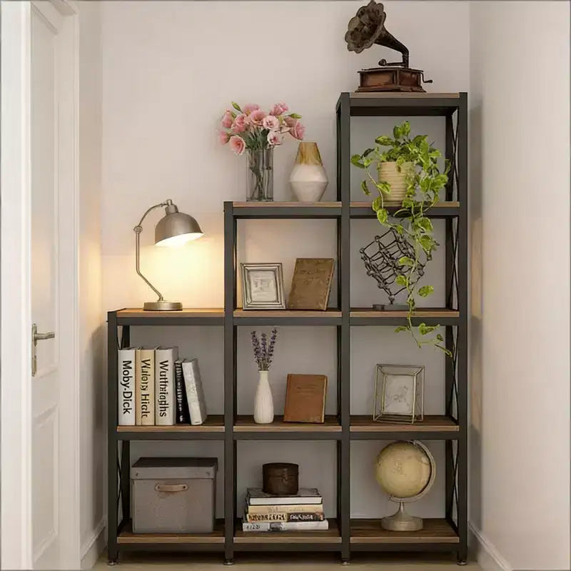 Étagère d'angle en forme d'échelle avec 9 cubes en L, étagère de présentation en métal et bois pour salon, bureau, noir, 45,31*11,82*52,01