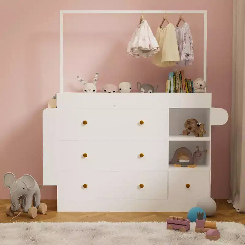 Modern Table Dresser,Baby Dressing Table with 3 extra deep Drawers and Storage Shelves and Hangers