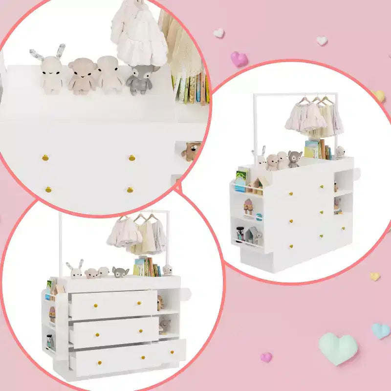 Commode à langer moderne, Table à langer pour bébé avec 3 tiroirs extra profonds, étagères de rangement et cintres
