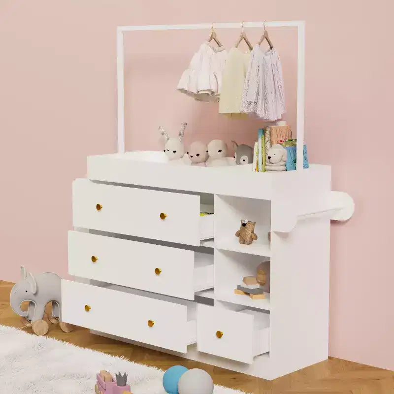 Commode à langer moderne, Table à langer pour bébé avec 3 tiroirs extra profonds, étagères de rangement et cintres