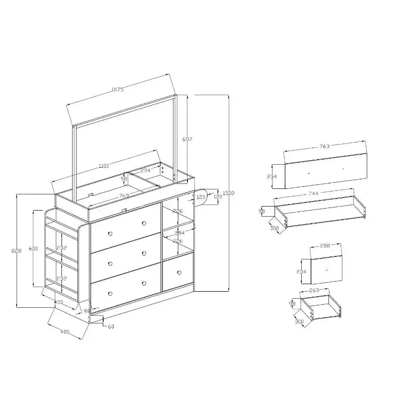 Commode à langer moderne, Table à langer pour bébé avec 3 tiroirs extra profonds, étagères de rangement et cintres