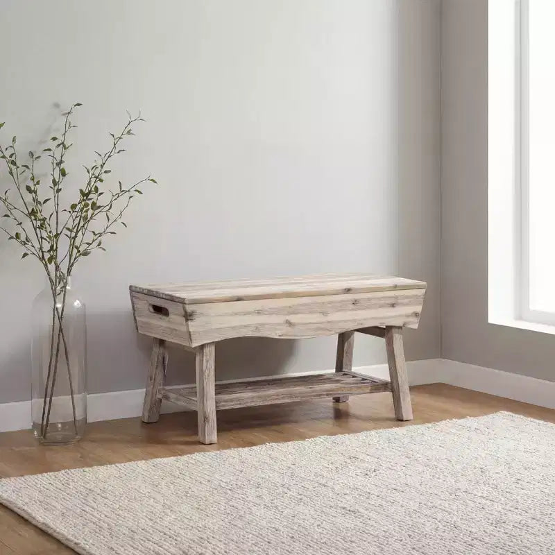 Banc en bois massif avec étagère de rangement et 4 panneaux, 36x15,25x17,3 pouces, finition blanchie