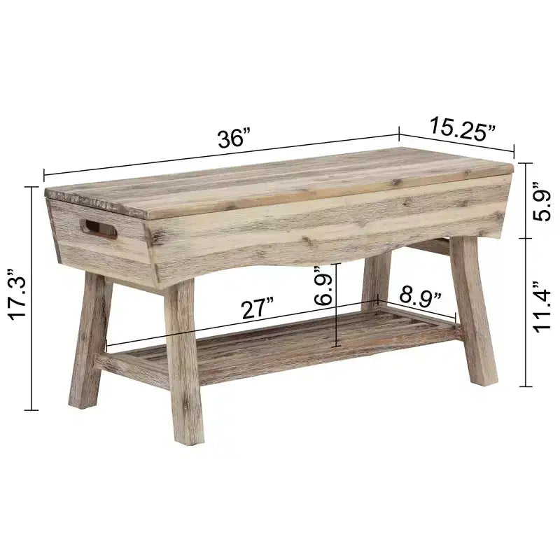 Banc en bois massif avec étagère de rangement et 4 panneaux, 36x15,25x17,3 pouces, finition blanchie