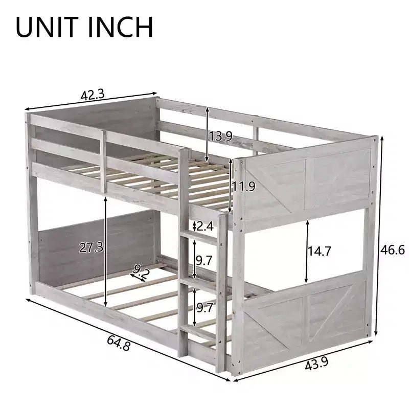 Lit superposé simple sur simple avec tête et pied de lit à panneaux, cadre en bois d'hévéa avec barrières de sécurité et échelle, chêne antique