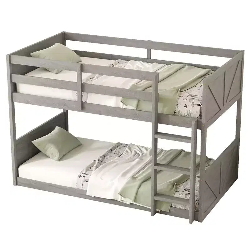 Lit superposé simple sur simple avec tête et pied de lit à panneaux, cadre en bois d'hévéa avec barrières de sécurité et échelle, chêne antique