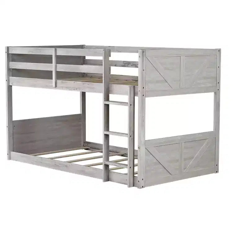 Lit superposé simple sur simple avec tête et pied de lit à panneaux, cadre en bois d'hévéa avec barrières de sécurité et échelle, chêne antique