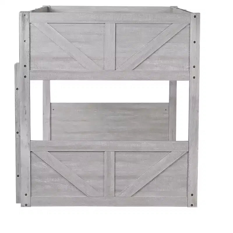 Lit superposé simple sur simple avec tête et pied de lit à panneaux, cadre en bois d'hévéa avec barrières de sécurité et échelle, chêne antique