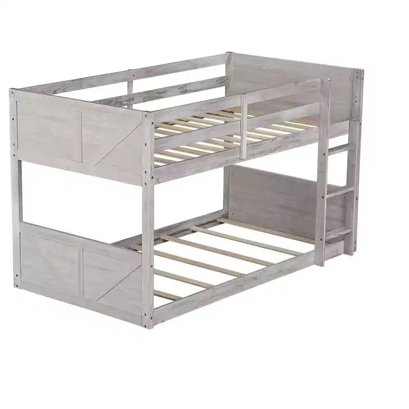 Lit superposé simple sur simple avec tête et pied de lit à panneaux, cadre en bois d'hévéa avec barrières de sécurité et échelle, chêne antique