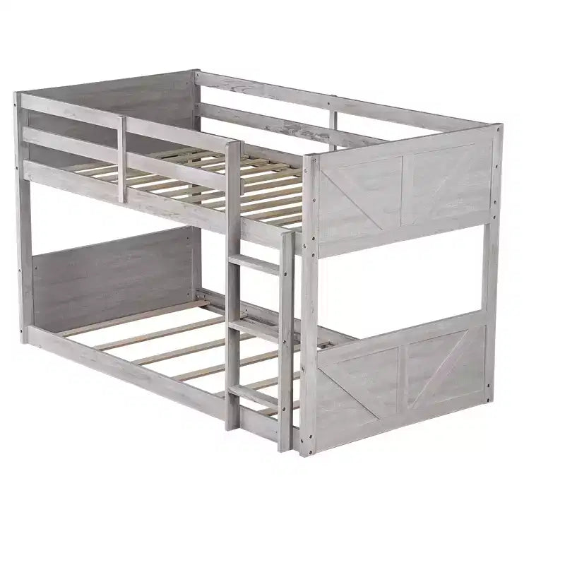 Lit superposé simple sur simple avec tête et pied de lit à panneaux, cadre en bois d'hévéa avec barrières de sécurité et échelle, chêne antique