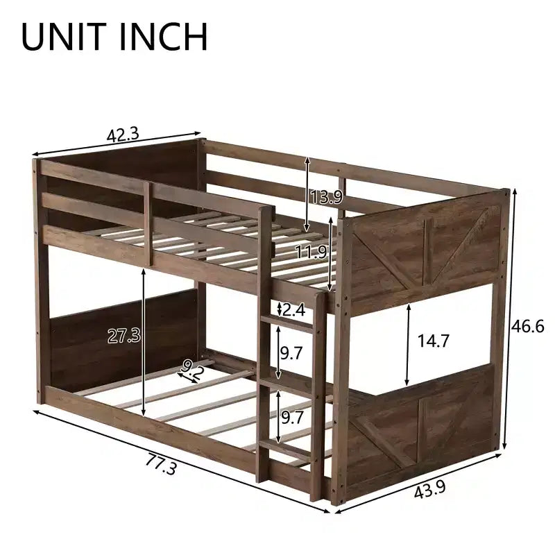 Lit superposé simple sur simple avec tête et pied de lit à panneaux, cadre en bois d'hévéa avec barrières de sécurité et échelle, chêne antique
