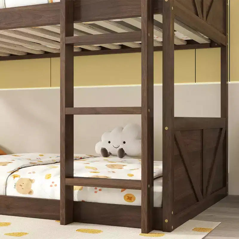 Lit superposé simple sur simple avec tête et pied de lit à panneaux, cadre en bois d'hévéa avec barrières de sécurité et échelle, chêne antique