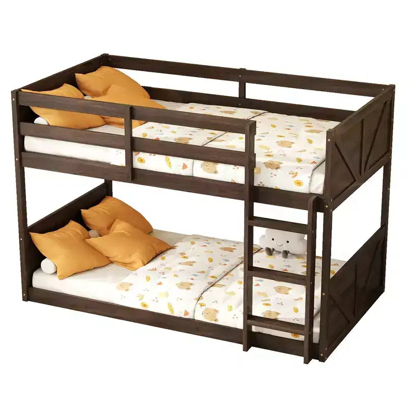 Lit superposé simple sur simple avec tête et pied de lit à panneaux, cadre en bois d'hévéa avec barrières de sécurité et échelle, chêne antique