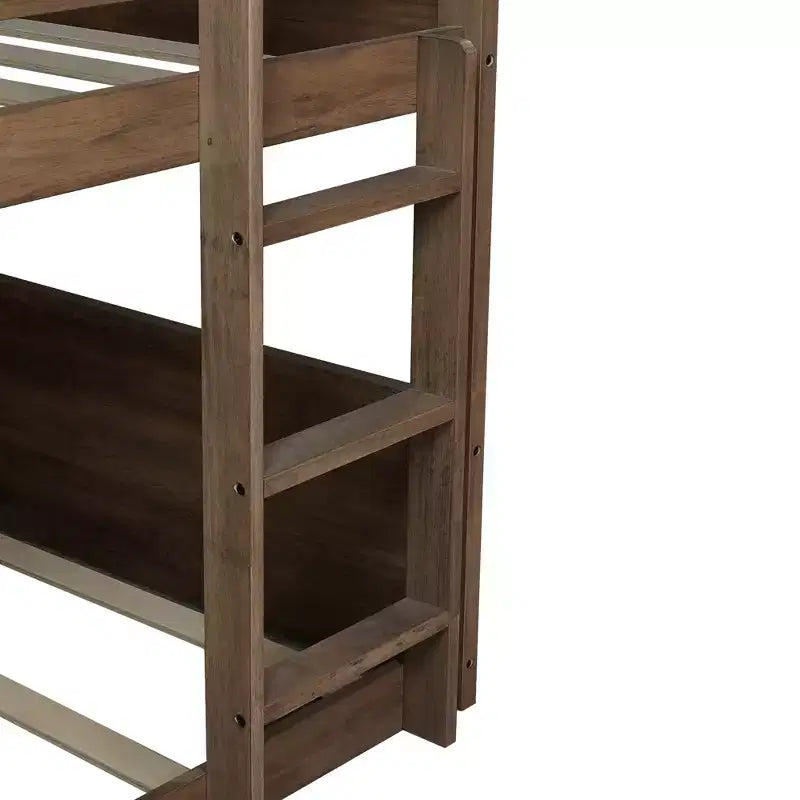 Lit superposé simple sur simple avec tête et pied de lit à panneaux, cadre en bois d'hévéa avec barrières de sécurité et échelle, chêne antique