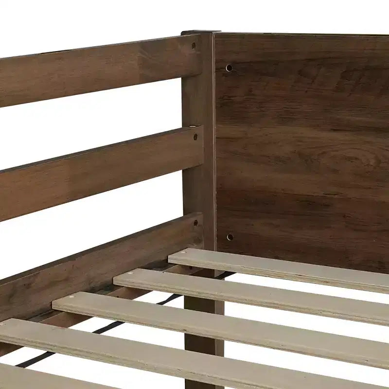 Lit superposé simple sur simple avec tête et pied de lit à panneaux, cadre en bois d'hévéa avec barrières de sécurité et échelle, chêne antique