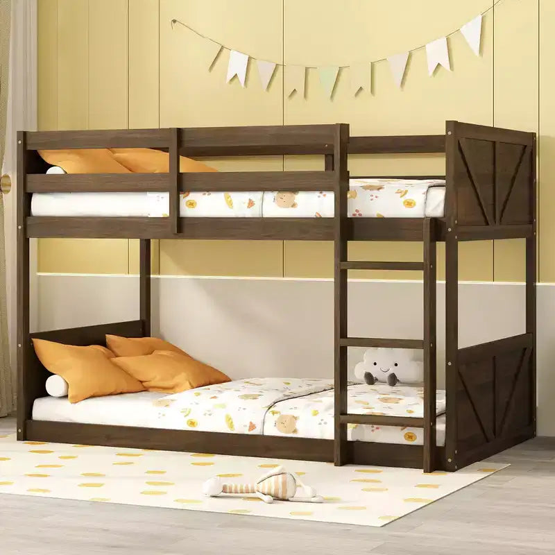 Bellemave Twin over Twin Floor Bunk Bed with Panelled Headboard and Footboard, Rubber Wood Bunk Bed Frame with Guardrails and Ladder,Antique Oak
