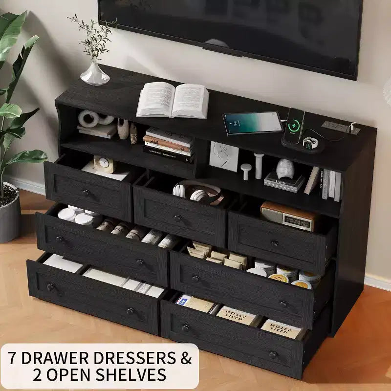 Commode en bois à 7 tiroirs - Commode moderne avec station de recharge USB et lumières LED, 2 casiers ouverts - Grande commode de chambre, Organisateur de rangement