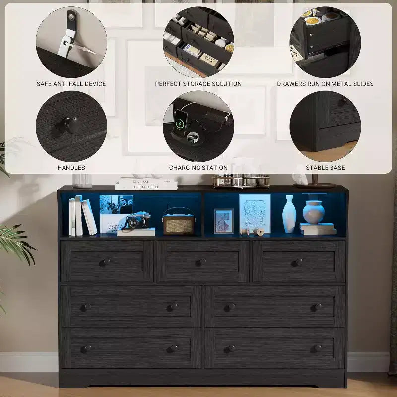 Commode en bois à 7 tiroirs - Commode moderne avec station de recharge USB et lumières LED, 2 casiers ouverts - Grande commode de chambre, Organisateur de rangement