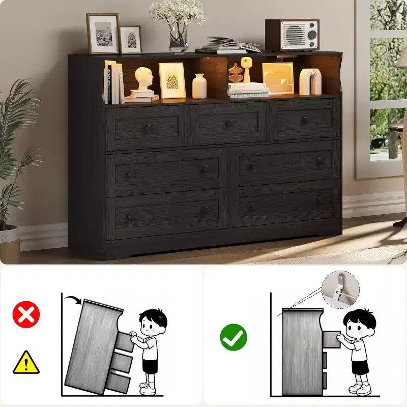 Commode en bois à 7 tiroirs - Commode moderne avec station de recharge USB et lumières LED, 2 casiers ouverts - Grande commode de chambre, Organisateur de rangement