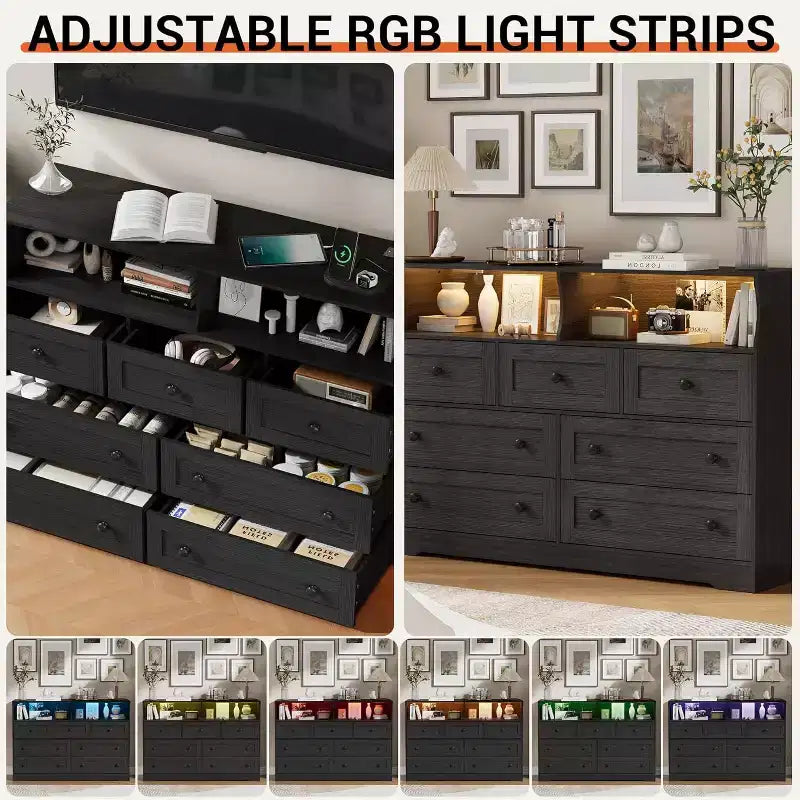 Commode en bois à 7 tiroirs - Commode moderne avec station de recharge USB et lumières LED, 2 casiers ouverts - Grande commode de chambre, Organisateur de rangement