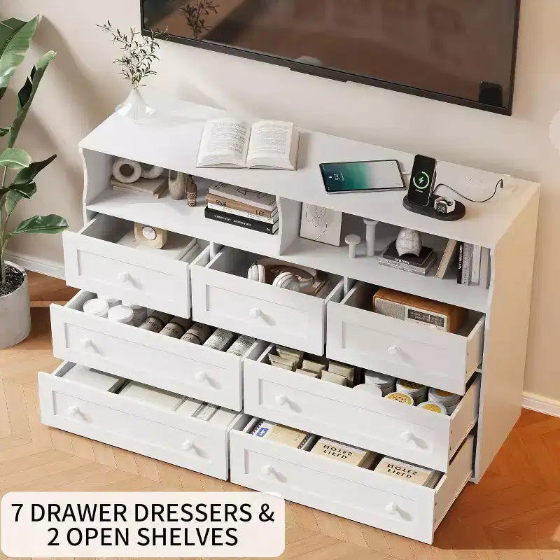 Commode en bois à 7 tiroirs - Commode moderne avec station de recharge USB et lumières LED, 2 casiers ouverts - Grande commode de chambre, Organisateur de rangement