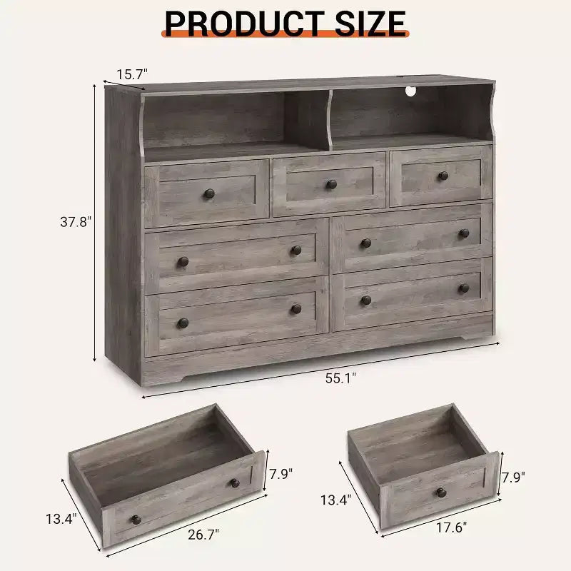 Commode en bois à 7 tiroirs - Commode moderne avec station de recharge USB et lumières LED, 2 casiers ouverts - Grande commode de chambre, Organisateur de rangement
