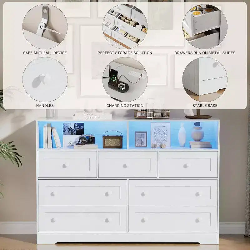 Commode en bois à 7 tiroirs - Commode moderne avec station de recharge USB et lumières LED, 2 casiers ouverts - Grande commode de chambre, Organisateur de rangement