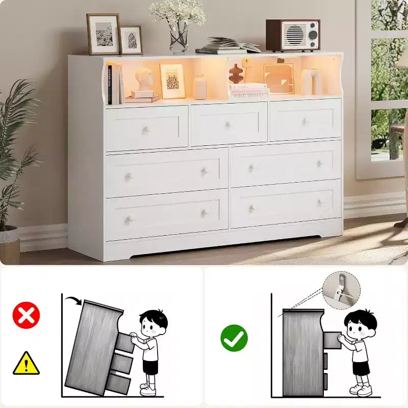 Commode en bois à 7 tiroirs - Commode moderne avec station de recharge USB et lumières LED, 2 casiers ouverts - Grande commode de chambre, Organisateur de rangement