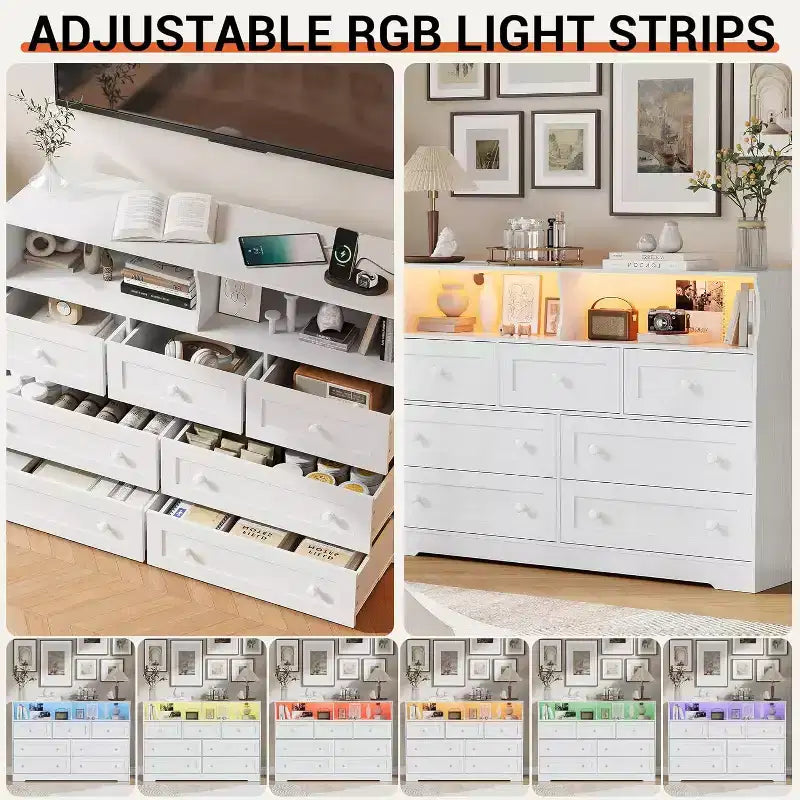 Commode en bois à 7 tiroirs - Commode moderne avec station de recharge USB et lumières LED, 2 casiers ouverts - Grande commode de chambre, Organisateur de rangement