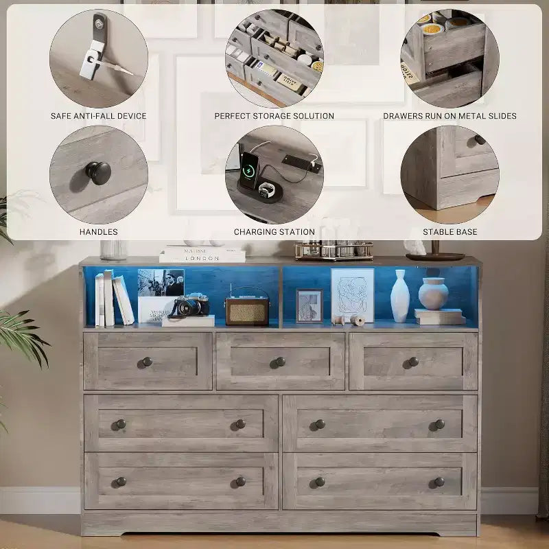 Commode en bois à 7 tiroirs - Commode moderne avec station de recharge USB et lumières LED, 2 casiers ouverts - Grande commode de chambre, Organisateur de rangement