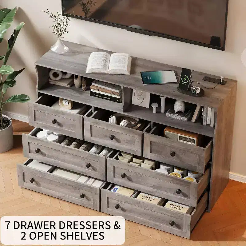 Commode en bois à 7 tiroirs - Commode moderne avec station de recharge USB et lumières LED, 2 casiers ouverts - Grande commode de chambre, Organisateur de rangement
