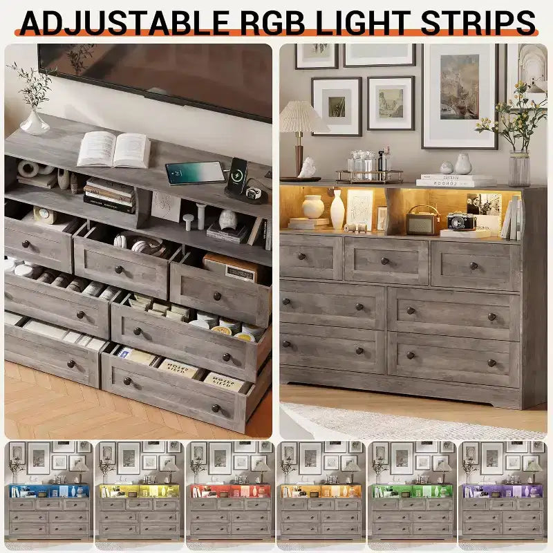 Commode en bois à 7 tiroirs - Commode moderne avec station de recharge USB et lumières LED, 2 casiers ouverts - Grande commode de chambre, Organisateur de rangement