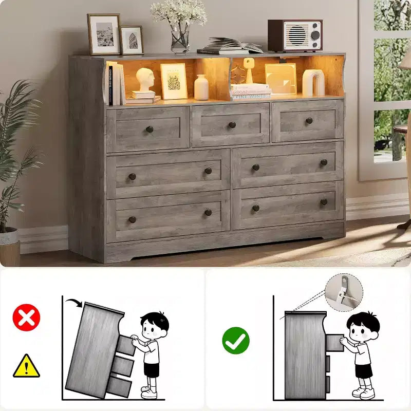 Commode en bois à 7 tiroirs - Commode moderne avec station de recharge USB et lumières LED, 2 casiers ouverts - Grande commode de chambre, Organisateur de rangement