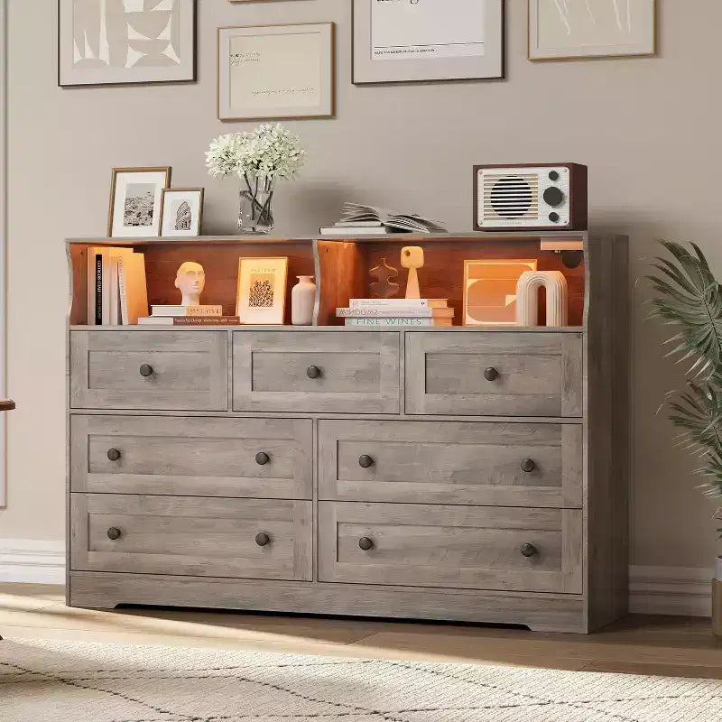 7-Drawer Wooden Chest of Drawers - Modern Dresser with USB Charging Station & LED Lights, 2 Open Cubbies - Large Bedroom Dresser, Storage Organizer