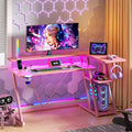 55 inch L Shaped Corner Gaming Desk Pink Computer Table with Monitor Stand 3 Tier Storage Shelves Modern Gamer Desk Carbon Fiber Space Saving Setup