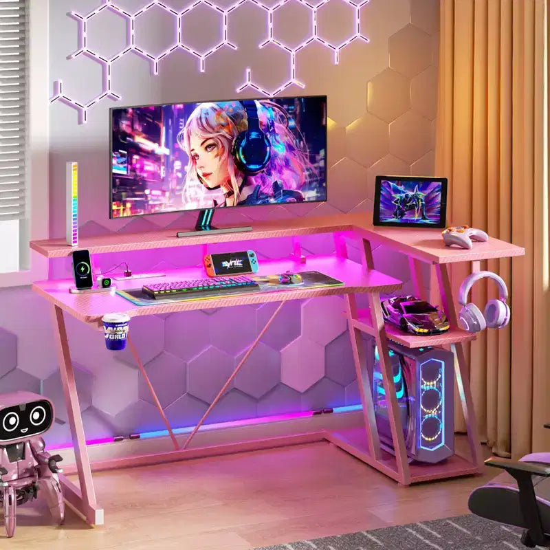 55 inch L Shaped Corner Gaming Desk Pink Computer Table with Monitor Stand 3 Tier Storage Shelves Modern Gamer Desk Carbon Fiber Space Saving Setup