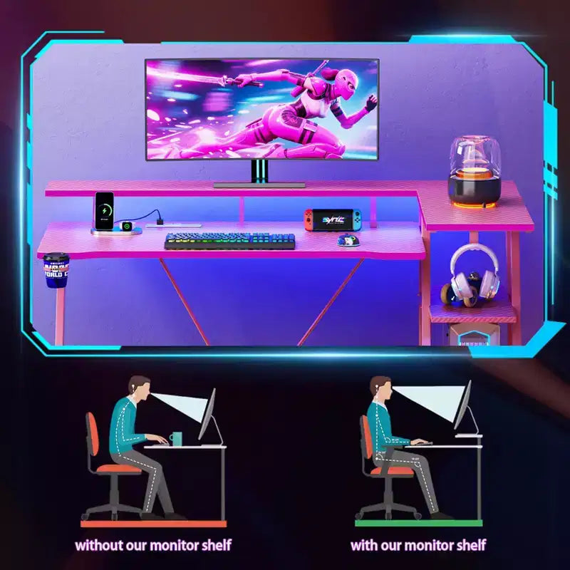Bureau d'angle en L de 55 pouces pour jeux vidéo, rose, avec support pour écran, étagères de rangement à 3 niveaux, bureau de jeu moderne en fibre de carbone, configuration peu encombrante