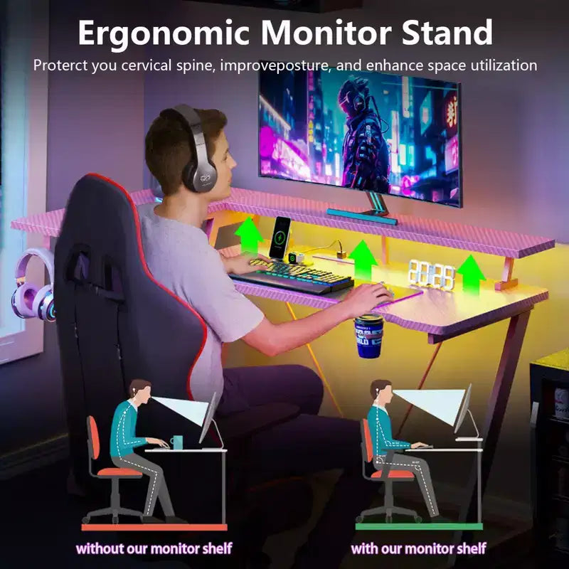 Bureau d'angle en L de 55 pouces pour jeux vidéo, rose, avec support pour écran, étagères de rangement à 3 niveaux, bureau de jeu moderne en fibre de carbone, configuration peu encombrante